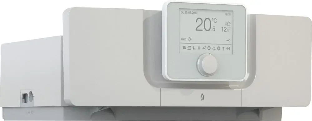 Weißes Regelgerät von Bosch mit digitalem Display, Temperaturanzeige und Bedienelement. Geeignet für Heizkessel.